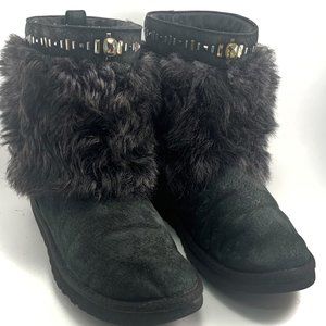 UGG Vilet Black Suede Toscana Fur Gem Embellished Ankle Boot Women's Size 9